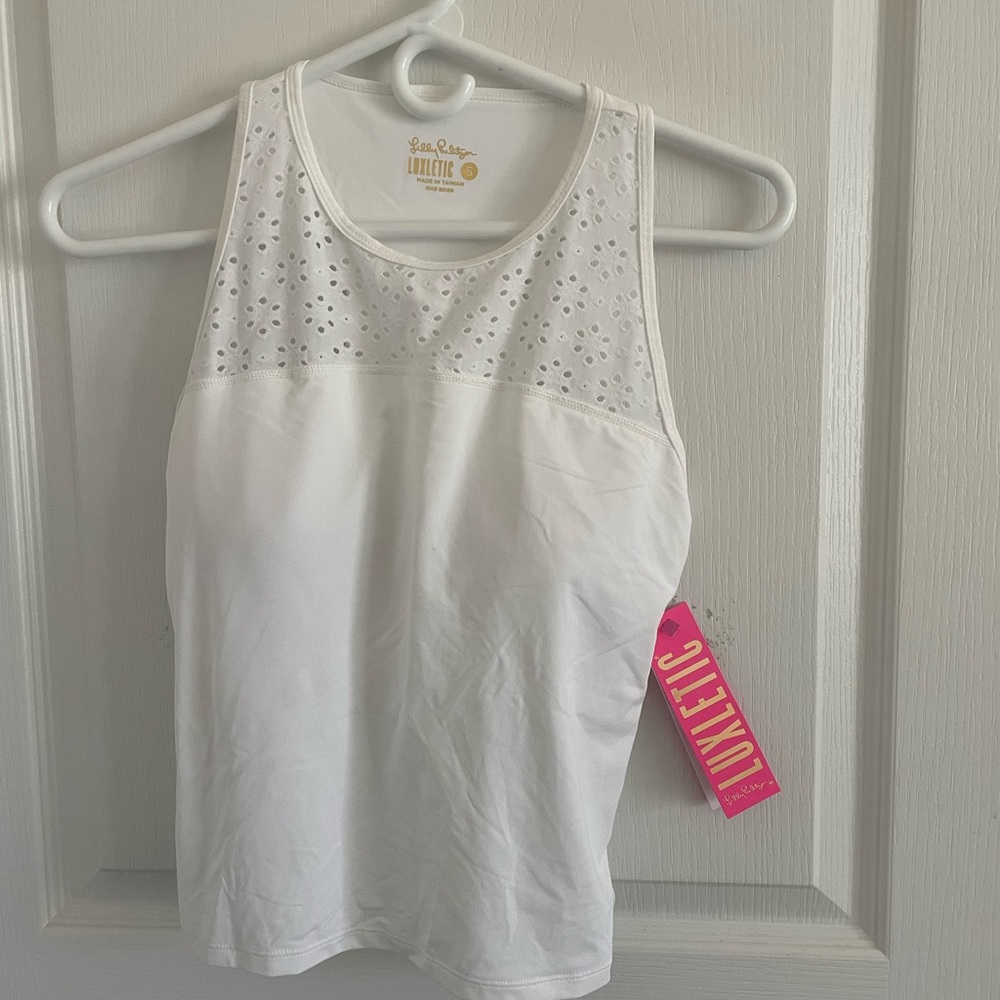 NWT Lilly Pulitzer Luxletic white eyelet tennis running racerback tank Sz small